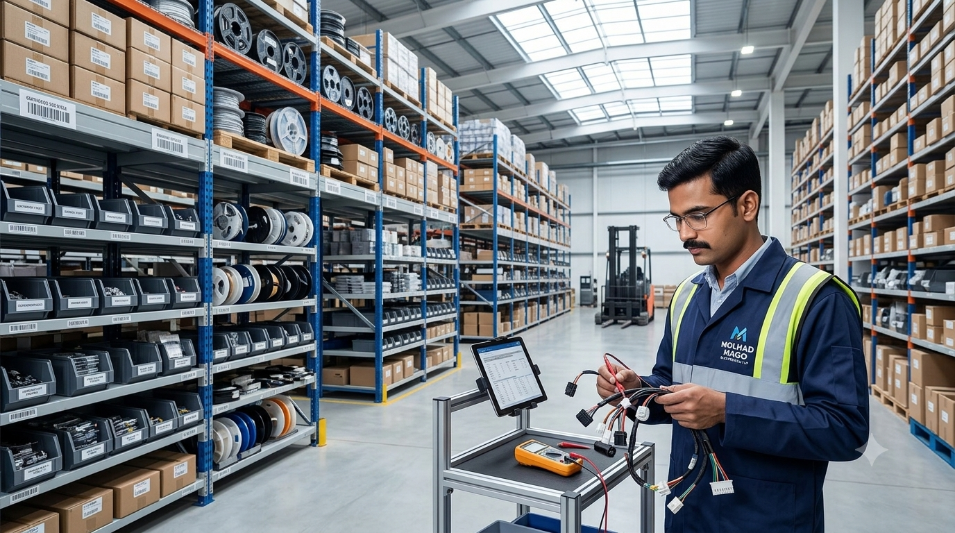 Molhad Mago warehouse — component racks and harness inspection